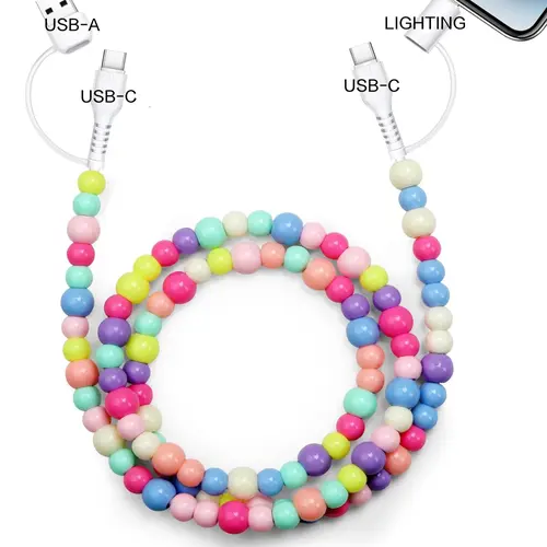 4-in-1 Silicone Beaded Detachable Charging Cord - Stylish Shine, Compatible with iPhone 15/16/17, Samsung & All Android Smartphone/Mobile Electronic Devices (USB-A, USB-C, Lightning), Charger