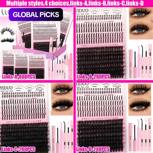 YIDUO 5-Style Cluster False Eyelashes Kit, 280 Pcs D-Curl Fluffy & Spike Lashes Extensions (6–18 mm), DIY Lash Set with Bond & Seal, Remover, Tweezers & Brush #GLOBAL PICKS