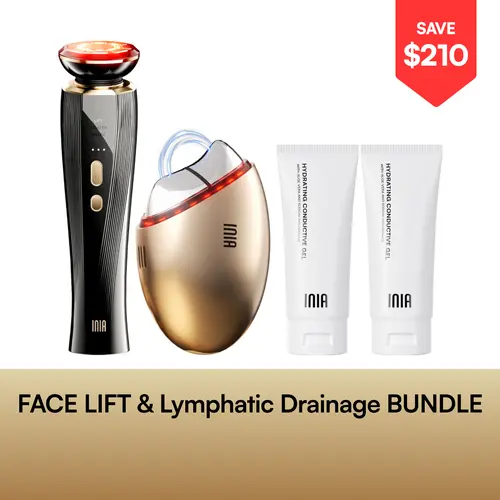 INIA GLACE & FLARE All-in-1 Face & Neck Sculpting Beauty Device Bundle - Lymphatic Drainage Products, Microcurrent Lifting, Serum Infusion, Red & Blue Light, Thermal & Cryo Therapy, Batteries, Plastic, Adult Selfcare, Buy 1 Get 4 Ideal Gift Set