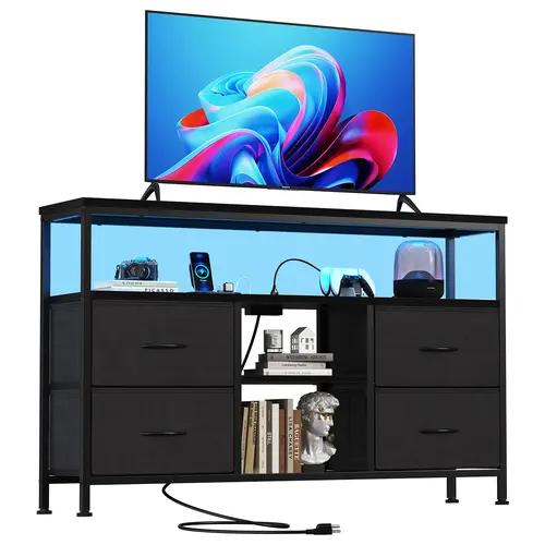 Sweetcrispy LED TV Stand - Modern Minimalist 4-Drawer Apartment Furniture Entertainment Center with LED Lighting, Power Outlets, Open Shelf & Adjustable Feet for 50-Inch TV (Bedroom/Living Room)