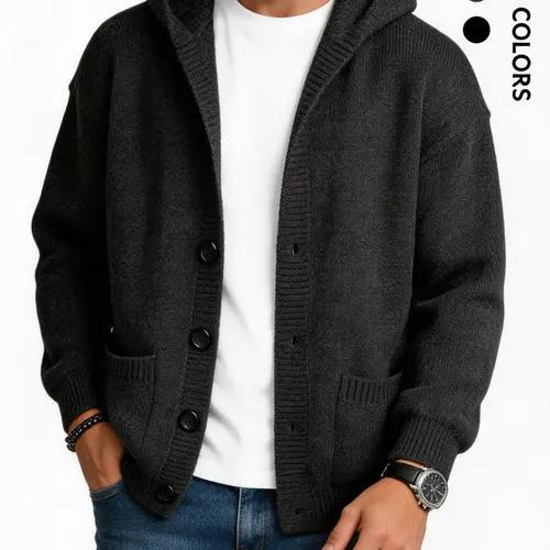 Men's Plain Minimalist Solid Heavyweight Long-Sleeve Buttoned Hood Snap Sweatshirt - Casual Polyester Pullover, Personalized Soft Skin-Friendly Menswear, Fitted Retro Tops for Street Wear, Everyday Use (Polyester Keeps It Soft)