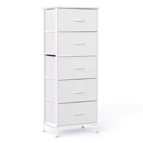 Sweetcrispy 5-Fabric Drawer Wooden Vertical Storage Furniture - Sturdy Steel Frame, Wood Top, Multi-Functional Organizer Cabinet Side Cabinet Dresser for Bedroom, Hallway