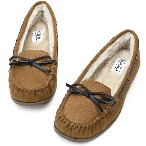 KOLILI Women's Moccasins Comfortable Soft Indoor Cotton Shoes Outdoor Warm Versatile Home Flatform Suede Flats with Non-slip Rubber Soles Round Toe Slip On Seasons Footwear summerwins tiktokshopbacktoschool,back to school,back to school haul