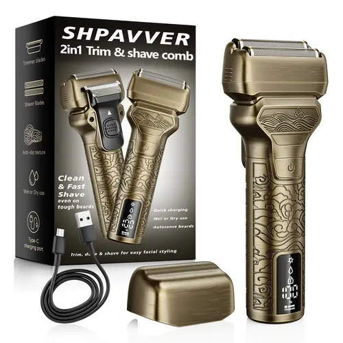 [Tiktokshopbacktoschool]SHPAVVER Gladiator Shaver 2 in 1 Electric Shaver & Trimmer for Men – Dual Blade Foil Razor for Wet & Dry Use IPX7 Waterproof Beard Trimmer with LED Display/Metal Handle/Travel Lock/Fast Charging, Shaving Products sohochic