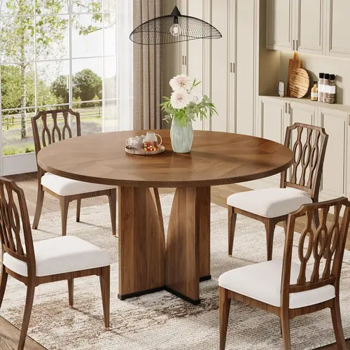 LITTLE TREE Round Dining Table, 39.37" Wood Kitchen Table for 4 People, Farmhouse Dinner Table with Wooden Table Top and Legs, Rustic Brown Dining Table for Dining Room Living Room (Brown)