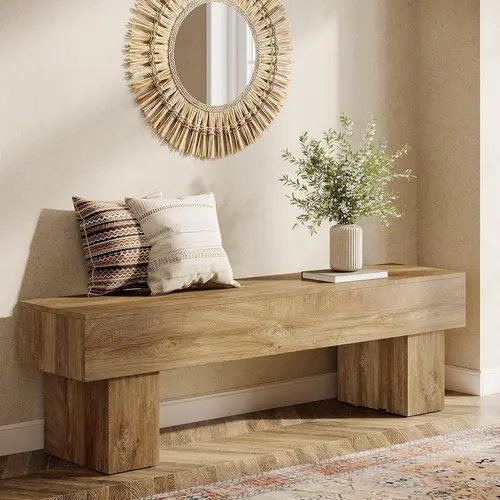 LITTLE TREE 63“ Extra Long Dining Bench, Farmhouse Wooden Entryway Bench, Indoor End of Bed Bench for Bedroom, Living Room, Dining Room, Hallway, Light Brown