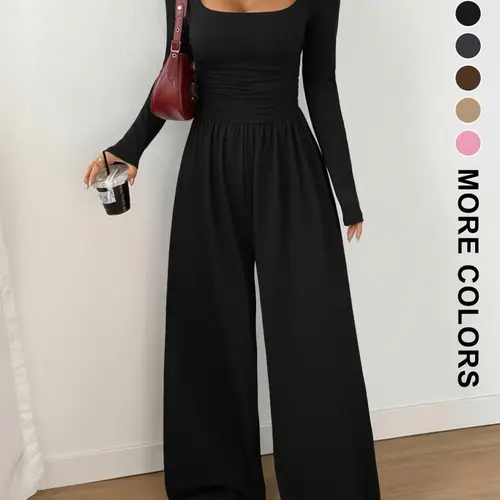 Women's Fall Winter Knit Fitted Wide Leg Jumpsuit Overalls, Casual Jumpsuits, Rompers Jumpsuits, Casual Basic Fashion Plain Color Round Neck One-Piece, Versatile Long Sleeve Romper, Lady Womenswear