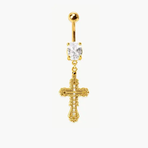 en route 18K Gold Plated Everette Cross Belly Ring in Gold, Celestial Pearl Cross Design, Versatile Jewelry Perfect for Layered Styling & Matching Sets #SpringStatements