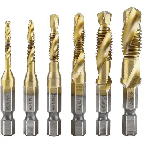 Titanium-Plated HSS Drill Tap Set (6-Pack) - Metric M3-M10 Hex Shank, Power Tool Set, Countersink in 1, Quick-Change Cone, Plastic & Wood Use, Thin Board Friendly Metal Drilling Screw Thread Bits