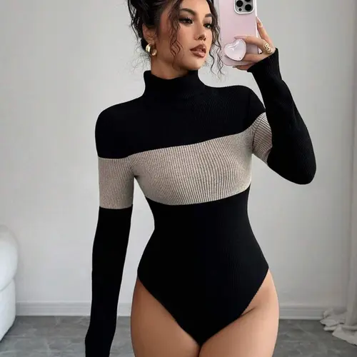 Women's High Neck Patchwork Long Sleeve Stretchy Fitted Casual Bodysuit, Slim Fit Basic Casual Wear for Fall & Winter, Plain Pattern, Moderate Fabric Thickness