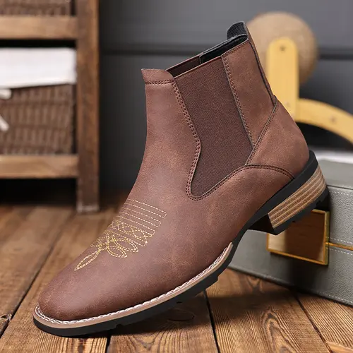 Men's Embroidered Chelsea Cowboy Boots - Slip-On Retro Chic Closed-Toe Ankle Footwear, Comfortable Versatile Work & Outdoor Casual Shoes