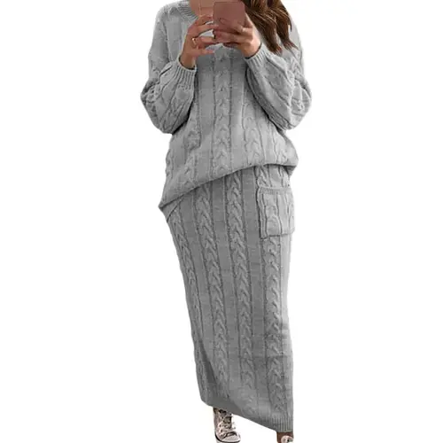 Chouyatou Women's 2-Piece Winter Casual Basic Clothes Set - Chunky Cable Knit Long Sleeve Sweater & Long Skirt Bottom, Matching, Style, Top, Lady, Longsleeves, Cute Clothes Set, 2 Piece Sets
