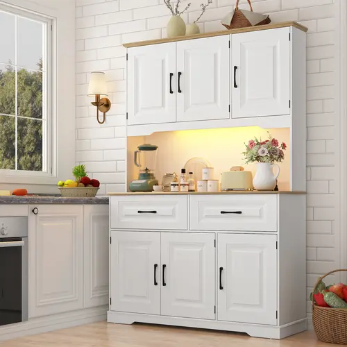 71" Ergonomic Height Wood Farmhouse Pantry Hutch - Kitchen Organizing Cupboard, Home Freestanding Storage Cabinet, Power Outlet, LED Light, USB Ports, 2 Drawers (28.66 lbs), 8 Doors, Open Space, 188 lbs Countertop, Home Storage Cabinet