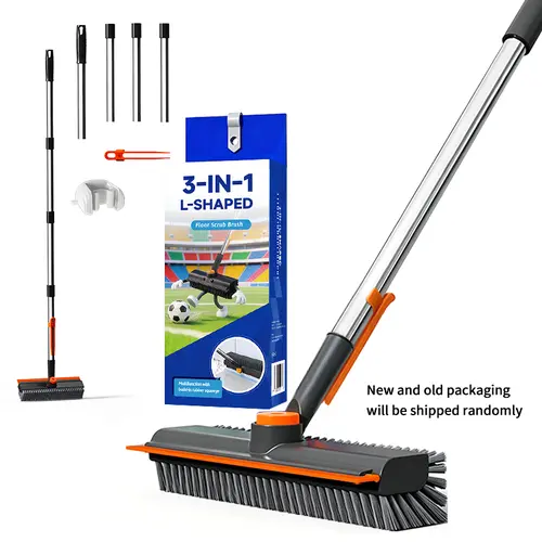 3-in-1 Floor Scrubber Brush with Multi-Purpose Long Handle, 360°Rotating Scraper & Heavy-Duty Stiff Bristles - Stainless Steel Home Cleaning Tool for Bathtub, Patio, Kitchen, Comprehensive Clean & Tough on Grime