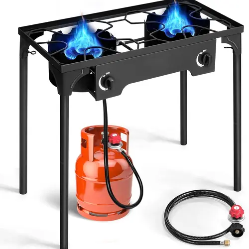 Outvita Dual-Burner Propane Portable Gas Stove, 150000 BTU Outdoor Cooking Supply with Sturdy Frame, Removable Legs, Temperature Control Knobs for Backyard BBQ, Tailgates, Weather-Ready for Camping, Dual Burners