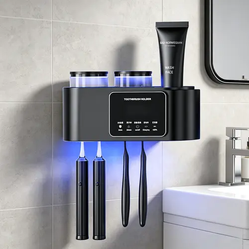 Wall Mounted Toothbrush Holder Set - 2-Cup Sanitize, Smart UV Sterilization, Fast Drying, Adhesive Sticky Hook, Durable Multi-Compartment Multi-Section Bathroom Home Supplies Accessory