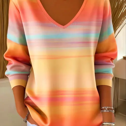 Plus Size Women's Gradient Ombre Print Long Sleeve Casual Fitted Sweater Tops, Aesthetic Casual Pullover, Womenswear Stylish Statement Knitwear for Fall & Winter, Comfortable Fashion Piece