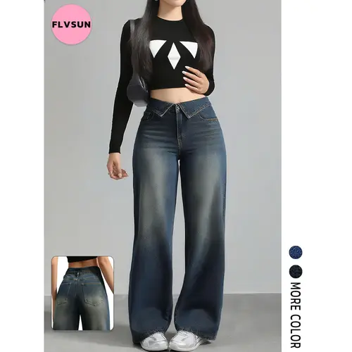 Flvsun Women's High Waist Stretchy Breathable Wide Leg Jeans - Basic Lady's Baggy Denim Pants with 4 Traditional Pockets, Button Closure, Comfortable Minimalist Casual Streetwear Bottom Trousers, Blue