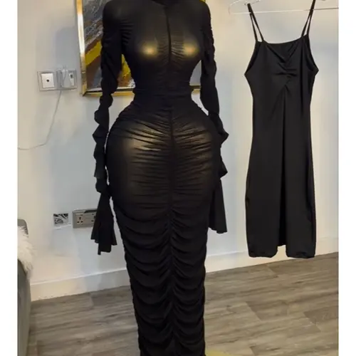 PULKRITU Women's Long Mesh, Woven Overlay Fitted Drape Bodycon Dress & Sexy Sheer Backless Sleeveless Party Gown, Formal Evening Wear, Elegant Evening Wear, Perfect for Birthdays & Events, Bodycon Maxi Dresses & Midi Tank Dress Set for Ladies Aesthetic