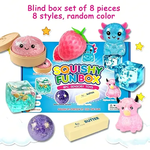 8-Piece Assorted Malt Sugar Squishy Toy Set - Slow Rebound Effective Sensory Fidget Toys, Resistant to Deformation, Office Stress Relief, Party Bag Fillers for Ease Anxiety