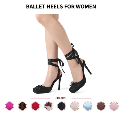 VIMISAOI Women's Satin Ballet Stiletto Pumps - Square Toe, Bow Detail, Lace-Up Slingback Strappy Mary Jane Footwear, Slip-On Comfort, Elegant Fall Dress Shoes for Party Wedding Casual Use, TikTok-Trending Shoes for Women