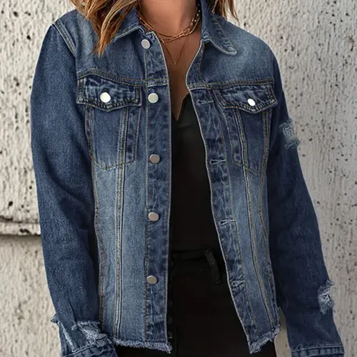 【Plus Size】 Solid Ripped Button Front Fitted Collared Denim Jacket Coats, Casual Long Sleeve Pocket Outerwear for Summer, Women's Clothes for Daily Wear