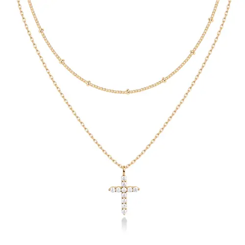 PAVOI 14K Gold Plated Layered Cross Pendant Necklace - Layering Necklaces for Women - Dainty Minimalist Design Pendant