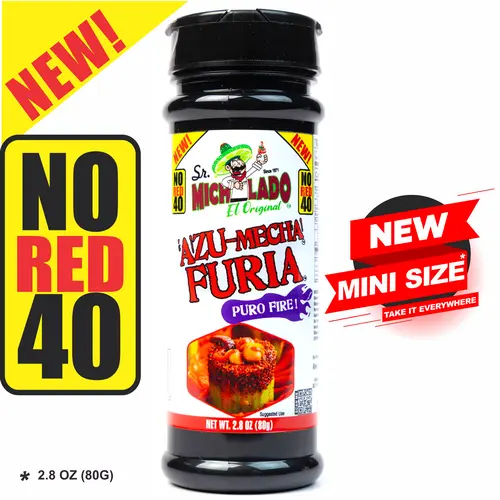NO RED 40 - MINI Size Azu-Mecha FURIA 2.8oz Snack Seasoning - Sr. Michelado - Bottle Snack Flavor powder Spicy Chili Flavorful Spice Blend