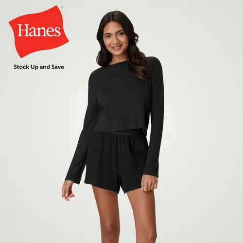 Hanes Women's Rib Crop Long Sleeve & Sleep Short Set