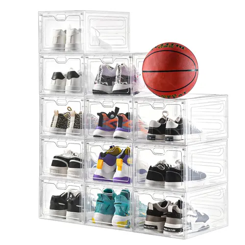 TAYTUU Rectangle Magnetic Shoe Rack Organizer - Thick Plastic, Space-Saving, Sturdy, Stackable Upgraded Storage Boxes for Storage Organization, Sport Sneakers (3/6/Clear-12 Pack), White,summerwins