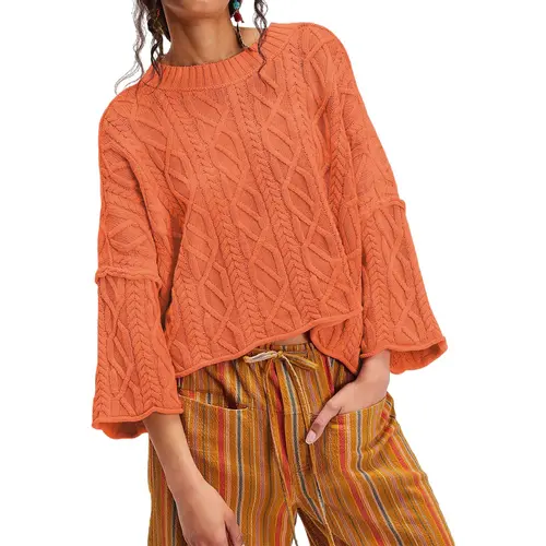 Chouyatou Women's Basic Autumn Acrylic Plain Cropped Knitwear - Oversized Round Neck Long-Sleeve Casual Loose Pull-On Pullover Top