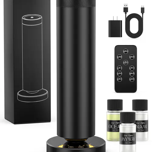 Black Waterless Aromatherapy Diffuser - 90ML Essential Oils Starter Kit, Adjustable Mist Tier, Night Light, Fragrance Freshener, Hotel Scents Diffusant Aromatherapy Machine, Easy to Use Humidifier for 1000 Sq Ft Home/Hotel, Electronic Diffuser Aromatherap
