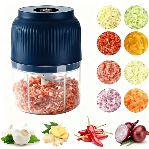 Garlic puree machine - wireless charging mini food processor, one click splash proof cover, suitable for cutting garlic, onions, ginger, meat, baby food, and vegetable and fruit milkshakes (blue), Travel, Meal Prep
