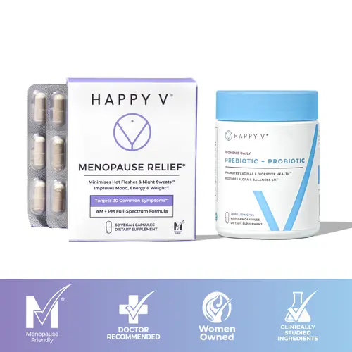 Happy V Menopause Relief & Probiotic Value Pack - Clinically Proven pH Balance BV Treatment Natural Yeast Infection Support Minimizes Hot Flashes Night Sweats Ideal for Comfort Ease Healthcare