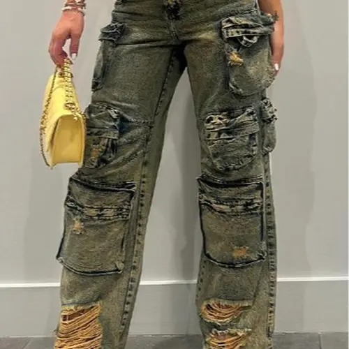 Elengatine High-Waisted Denim Cargo Pants for Women - Loose-Fit Cotton-Polyester Distressed Edgy Streetwear Bottoms, Wide-Straight Leg with 13 Utility Pockets, Casual Chic Style