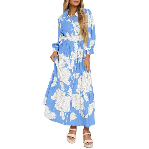 Wenrine Stylish Women's Wear Floral Print Maxi Dress for Women - 3/4 Long Sleeves, Collared, Button Down, Drawstring Waist, Soft Light Fabric Keeps You Cool, Relaxed Fit, Fall Casual Wear