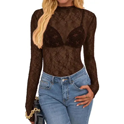 BTFBM Lace Tops for Women 2026 See Through Mesh Top Crew Neck Long Sleeve Fitted Sheer Party Club Outfits Fall Fashion