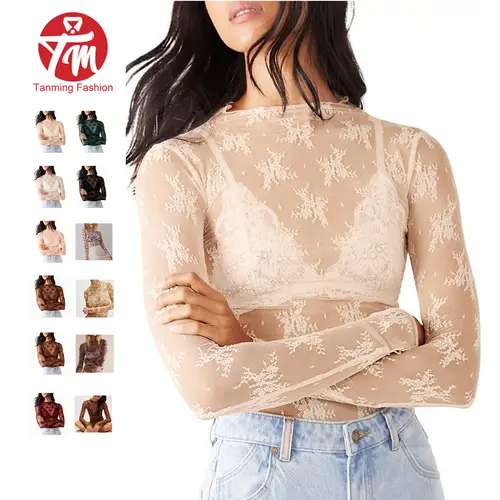 Tanming Women's Long-Sleeve Mesh Lace Blouse, Lady's Casual Fashion Fitted See-Through Top with Premium Fabric, Ideal for Party, Spring-Summer Outfits #SpringStatements,summerwins,back to school,back to school shopping
