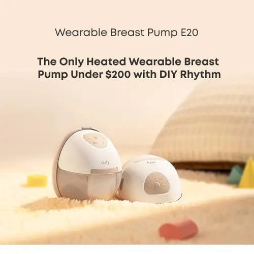 Eufy E20 Wearable Breastfeeding Pump - Nursing Pump with Heating, 3 Heat Levels, Innovative HeatFlow, App-Optimized Rhythm, Hospital-Grade Suction, Leakproof, Ultra-Slim Quiet In-Bra Use, Privacy-Focused Pumping System