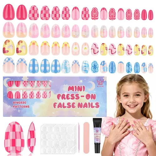 Qiek Press on Nails Kit for Kids, 4 pack 16 Sizes 128 Pieces Kid Fake Nail Kit Colorful Flower Almond Fake Nail Tips for Girls 8-12 Years Old with Jelly Nail Adhesives & Nail Builder Glue Birthday Gifts Holiday Haul
