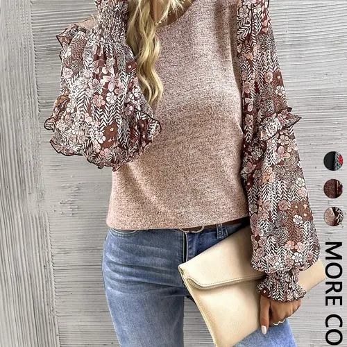 Women's Round Neck Lantern Sleeve Boho Style Floral Print Patchwork Casual Cute Fitted Fall T-Shirt, Long Sleeve Top for Autumn Fashion Bohemian Inspired