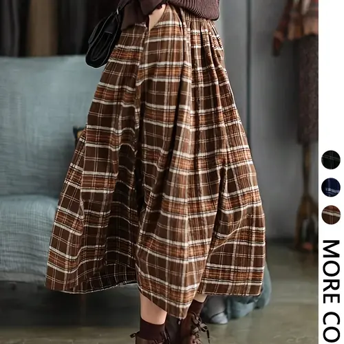 Women's Plaid A-Line Long Dress,flared skirt， Casual Loose Fit Elastic Waist Pocket Design, All-Season Wearable Fashion Skirt Bottom