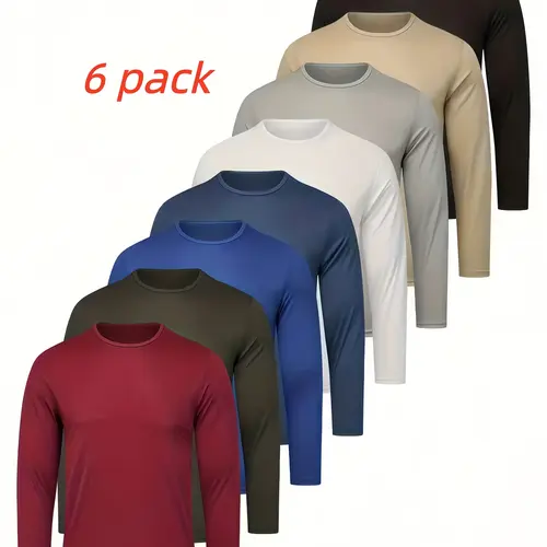 6pcs Men'S Long Sleeve T-Shirts - Quick-Dry Gym Shirts with Moisture-Wicking Fabric, Color Options for Workout, Running, Casual Attire - Breathable Athletic Tops for Active Lifestyles, Workout Shirts, Running Gear, Round Neckline, Stretchy Material