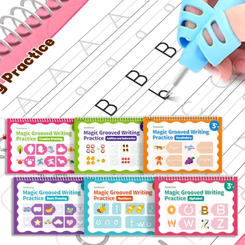 TIMETOME Eco-Friendly Reusable Grooved Copybook Set (6 Books Pack, 10.2×7.2 in) with 5 Auto-Disappearing Refills, Early Elementary Alphabet Learning Supplies for Math, Drawing, Back to School Haul Gift for Kids
