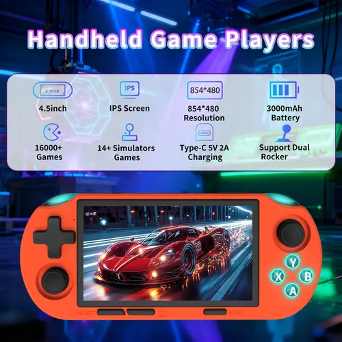 GAMINJA ANS16 Portable Handheld Gaming Console with 4.5 Inch IPS Screen, Handheld Size Portable Retro Video Games RGB Lights, Portable Gaming System, 14 Emulators Including Ps1 Gba Sfc, Rechargeable Portable Console, Handheld Game Consoles