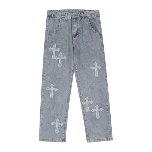 Sopula Studio Men's Ripped Straight-Leg Casual Fashion Denim Jeans - 50/50 Cotton-Spandex, Cross Embroidery Stands Out, Mensfashion Streetwear Skateboarding Pants, Men's Bottoms, Men's Pants,clothes for back to school,first day of school outfits