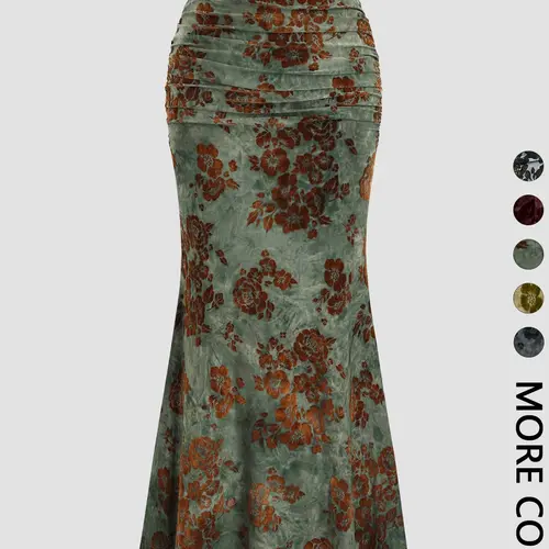 Women's Vintage Velvet Floral Print Ruffled Casual Cute Essential Long Mermaid Flared Skirt, Fall Winter Fashion, Floral Printed Skirt, All Seasons Wearable