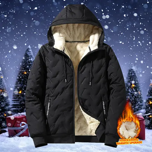 Men's Lamb Woolen-Cotton Hooded Puffer Coat - Thick Long Sleeves, Full Zipper, Soft Polyester Lining, Zipper Pockets, Regular Fit, Wind-Blocking Hood, Casual Warmth for Errands, Machine Washable Cold Weather Outerwear (Beige)