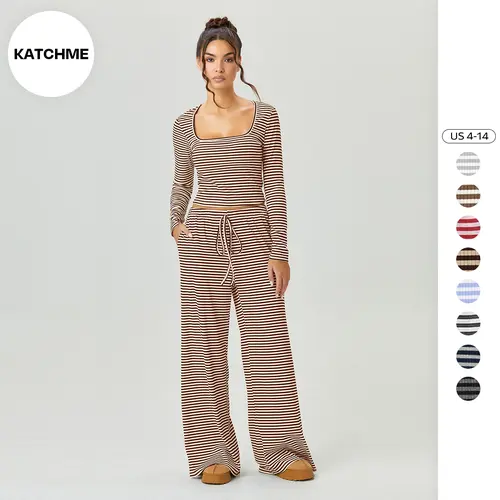 KatchMe Women's Chic Square Neck Stripe Long Sleeve Crop Top & Low-Rise Wide Leg Trousers Co-ord, Basic Two Piece Sets for Lady, Matching Womenswear (3)