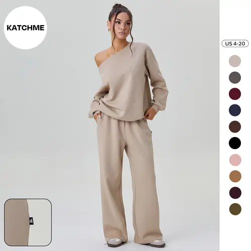 atch Me Chic(US)Women's Versatile Solid Sloping Shoulder Long Sleeve Top & Wide Leg Trousers Co-ord, Cozy Slouchy Scoop Neck Two Piece Outfits, Fall & Spring Daily Wear